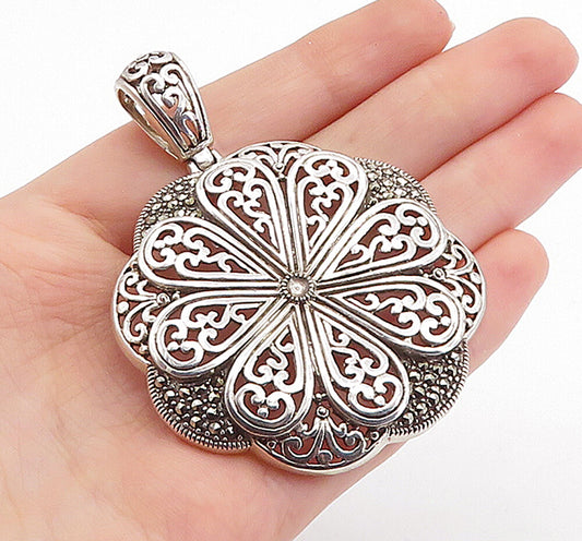 925 Sterling Silver  Vintage Marcasite Open Swirl Floral Design Pendant PT4570