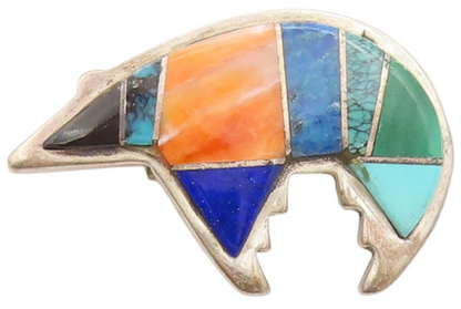 925 Sterling Silver Vintage Brooch Pin NAVAJO ZUNI Gemstone Inlay Bear  BP11657