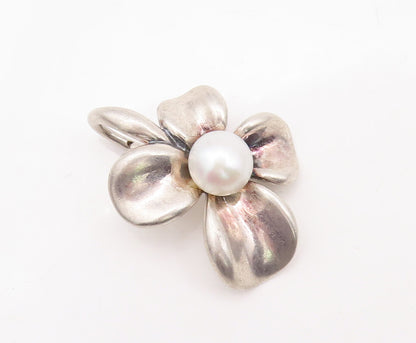 925 Sterling Silver Vintage Pendant ANN KING Carved Pearl Beaded Flower  PT23152