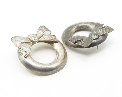 925 Sterling Silver  Vintage Dark Tone Ribbon Bow Wreath Drop Earrings  EG5678