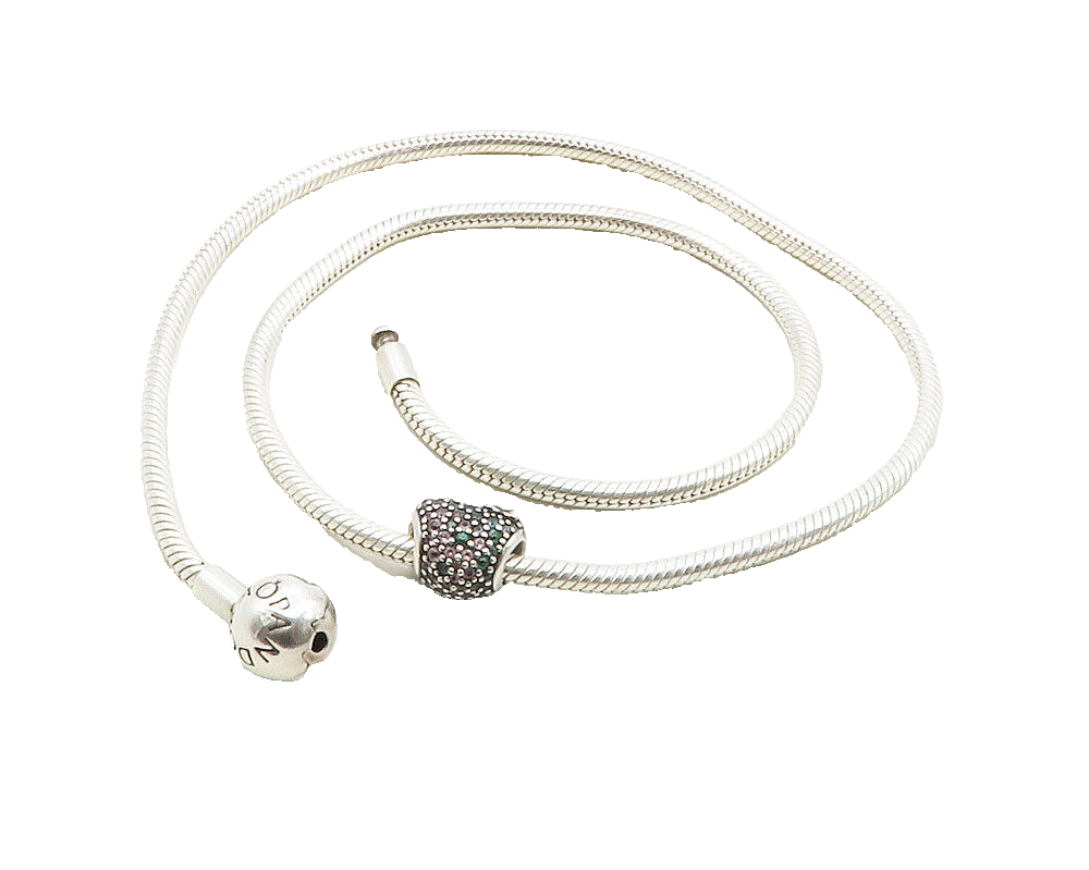 PANDORA 925 Silver  Pink & Green Topaz Heart Charm Snake Chain Necklace NE2225