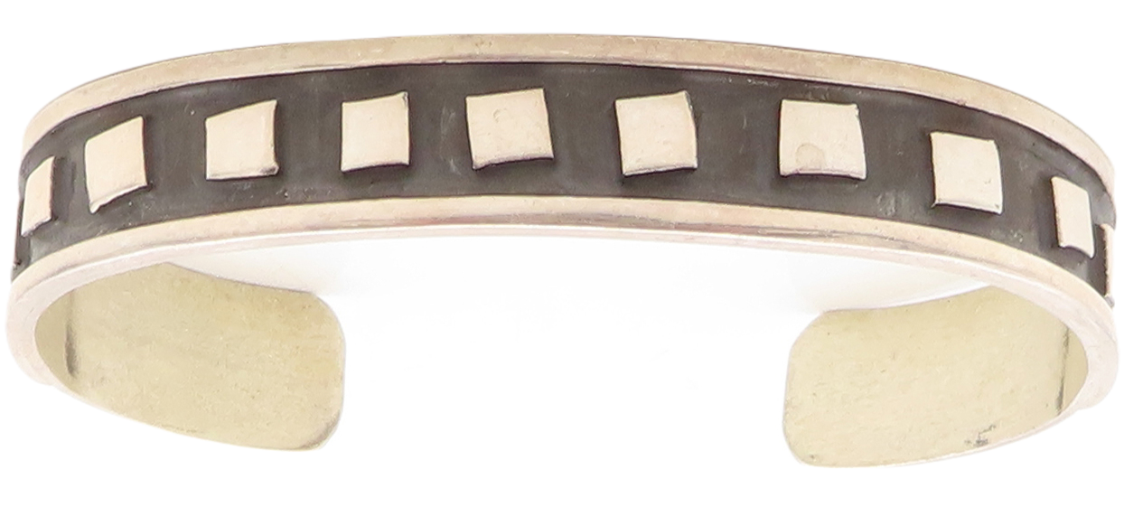 925 Sterling Silver Vintage Bracelet MEXICO Dark Tone Square Carved Cuff BT10955