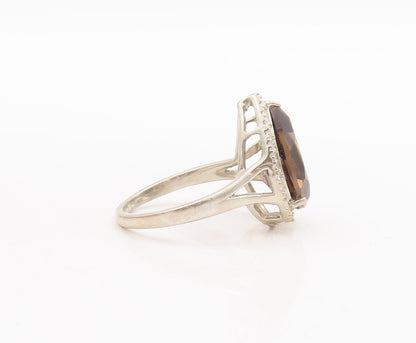 925 Sterling Silver Vintage Ring Drop Cut Smoky Quartz Halo CZ  Sz 7  RG29412