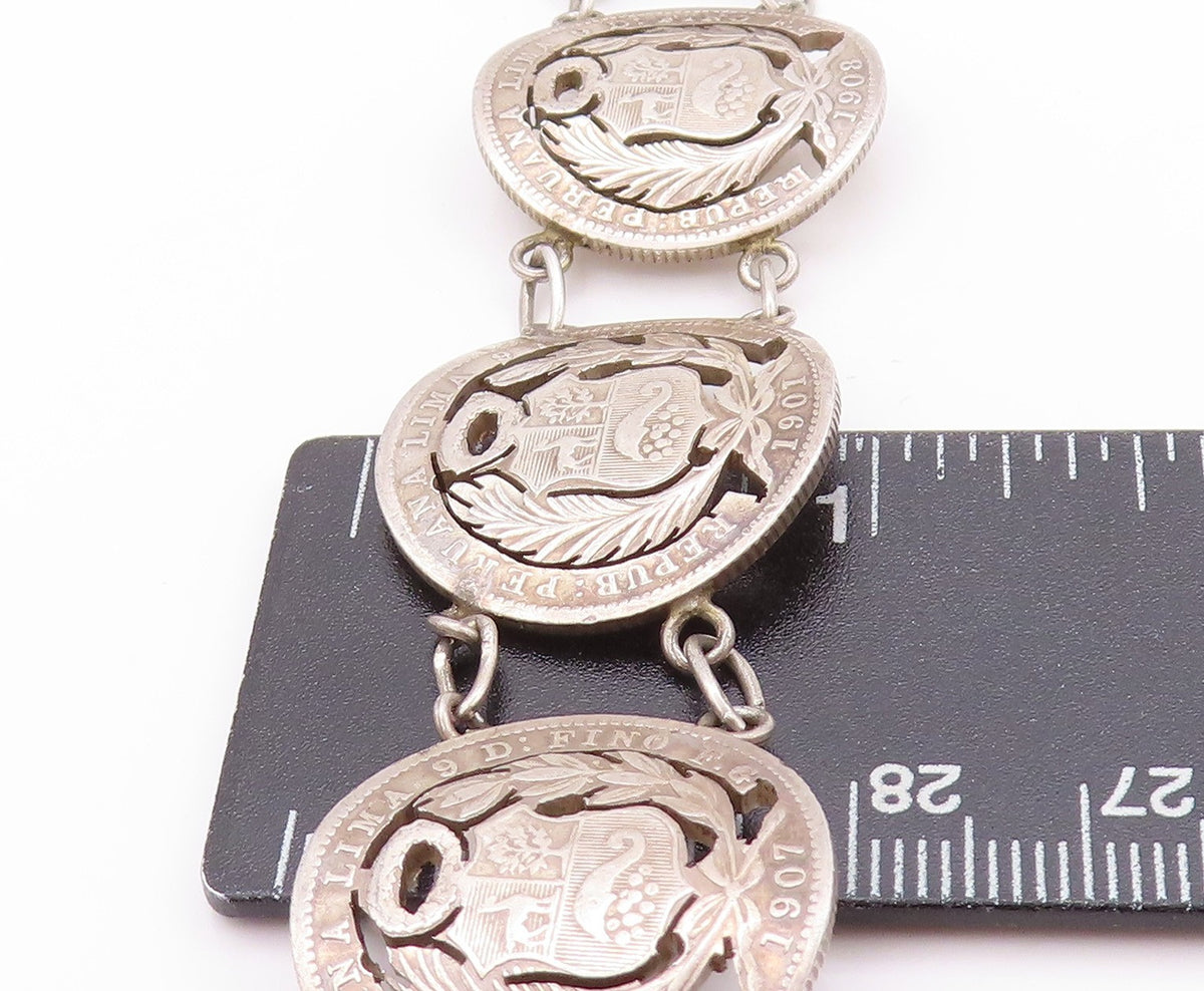 925 Sterling Silver Vintage Bracelet Antique Royal Peruana Coins   BT11264