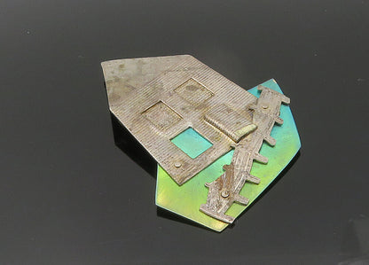 925 Sterling Silver  Vintage Modernist House & Fence Brooch Pin  BP8601