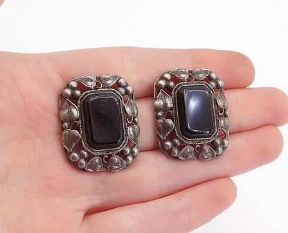 925 Sterling Silver  Vintage Black Onyx Floral Border Drop Earrings  EG2081