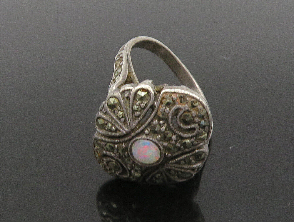 DELCITA 925 Silver  Vintage Victorian Fire Opal Floral Band Ring Sz 6  RG23876