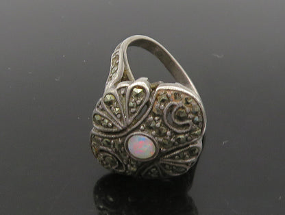 DELCITA 925 Silver  Vintage Victorian Fire Opal Floral Band Ring Sz 6  RG23876