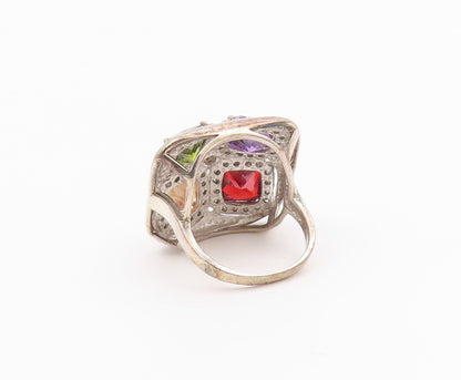 925 Sterling Silver Vintage Ring Multi Gemstone Statement Band  Sz 9  RG36455