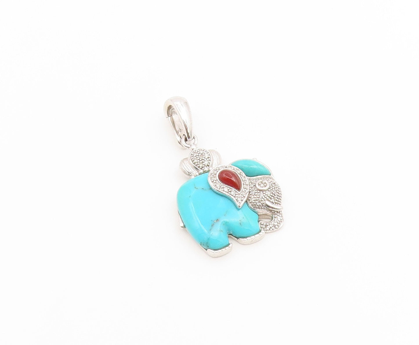 925 Sterling Silver Vintage Pendant Real Diamonds & Turquoise Elephant  PT26613