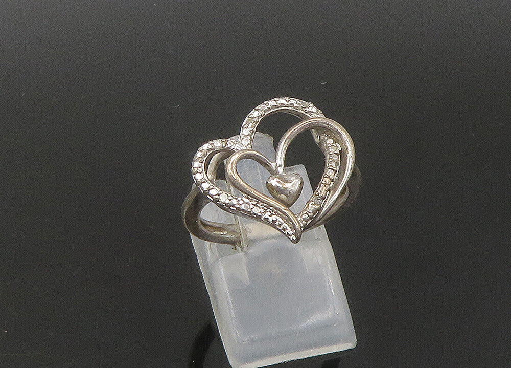 925 Sterling Silver  Vintage Genuine Diamonds Heart Band Ring Sz 7  RG22263