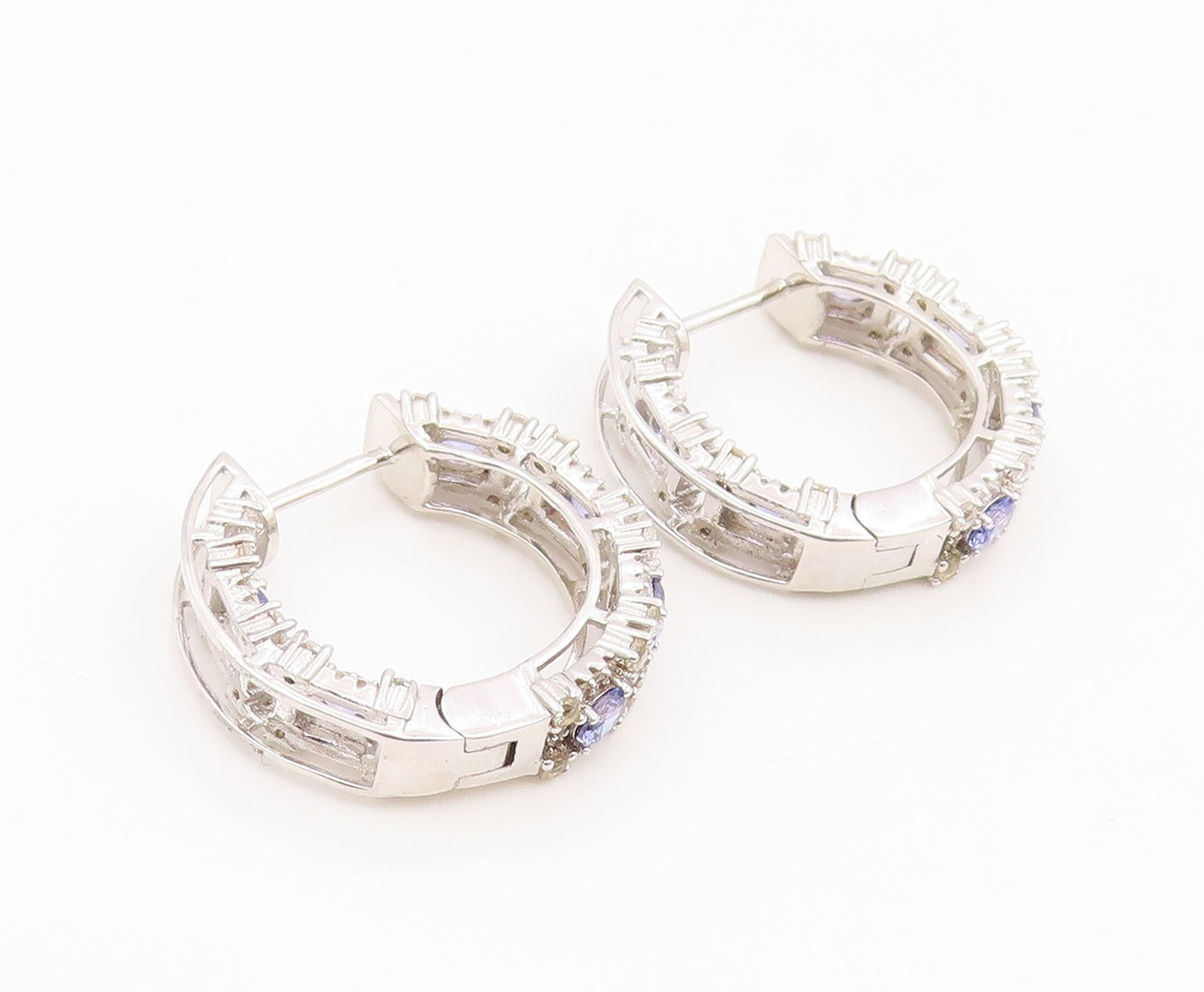 925 Sterling Silver Vintage Earrings Tanzanite Halo Sapphire Hoops  EG14335
