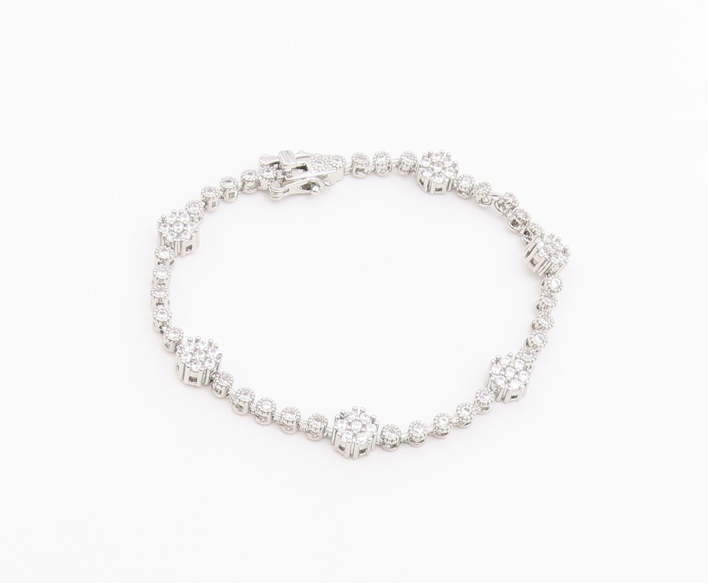 925 Sterling Silver Vintage Bracelet Elegant CZ Floral Blossom Link  BT12221