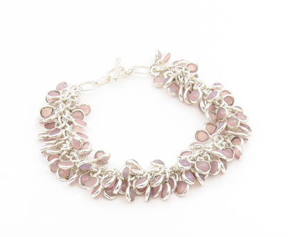925 Sterling Silver Vintage Bracelet Modernist Rose Quartz Cluster Link  BT11936