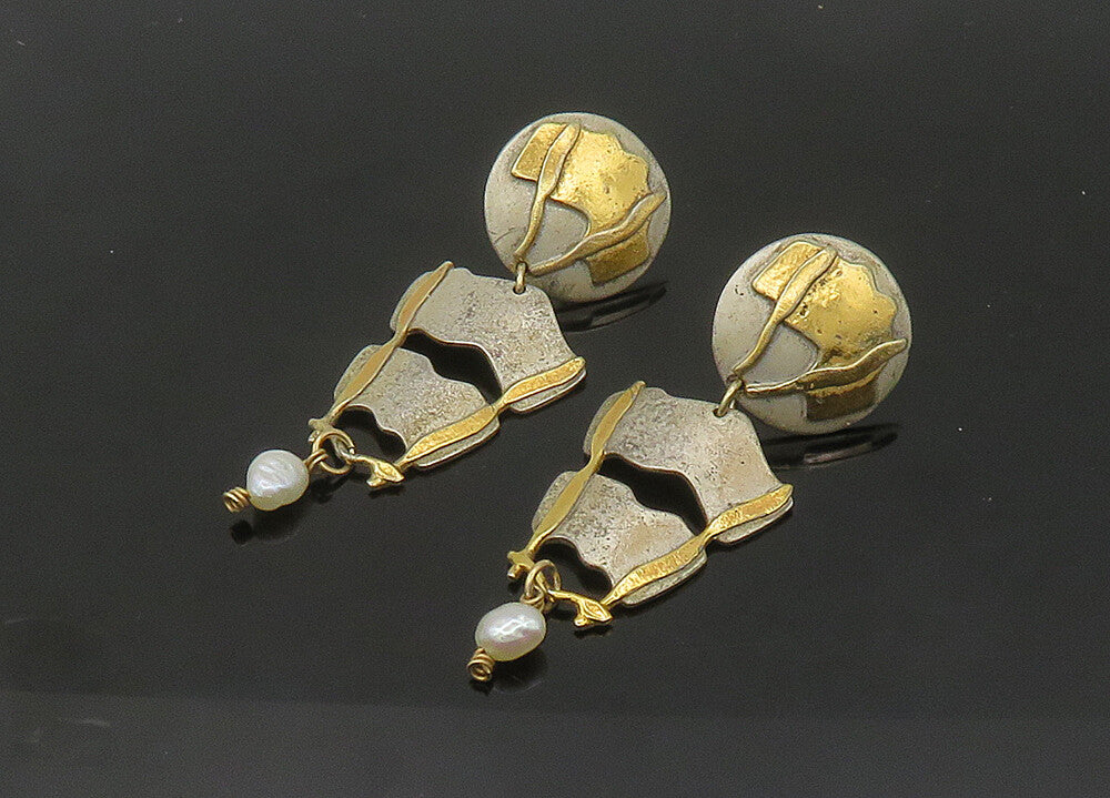 KW 925 Silver & 14K GOLD  Vintage Baroque Pearl 2 Tone Drop Earrings  EG10576