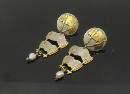 KW 925 Silver & 14K GOLD  Vintage Baroque Pearl 2 Tone Drop Earrings  EG10576