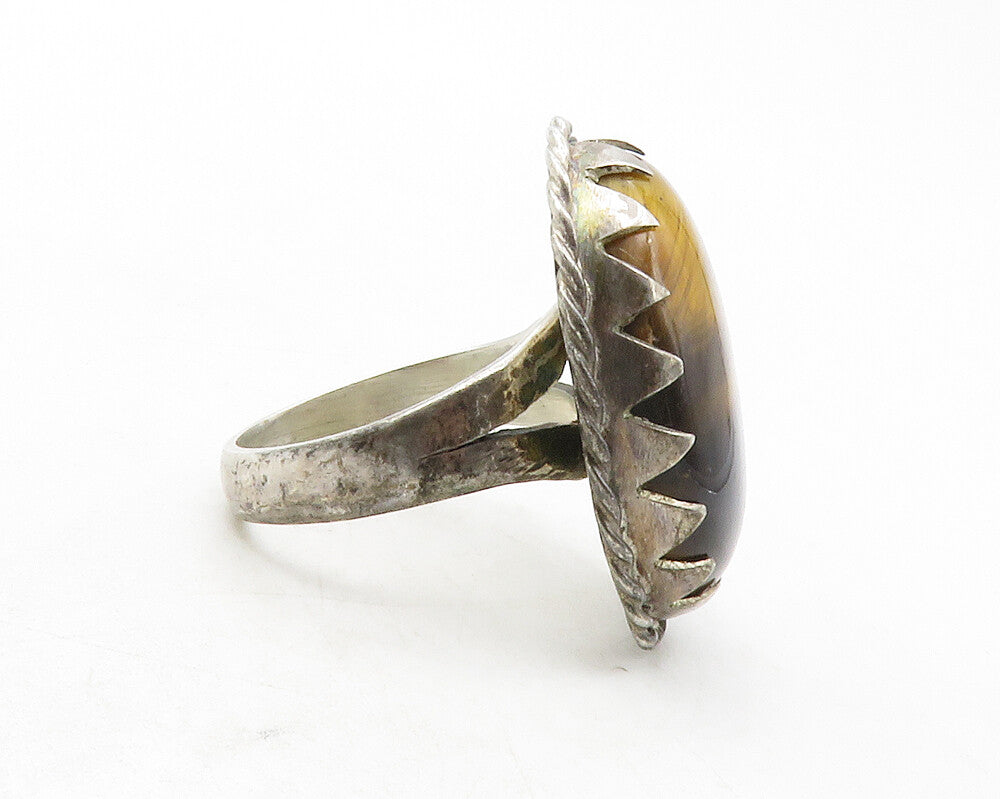 925 Sterling Silver  Vintage Tiger's Eye Serrated Cocktail Ring Sz 9  RG12590