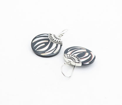 925 Sterling Silver  Enamel Patterned Smooth Round Dangle Earrings  EG3430