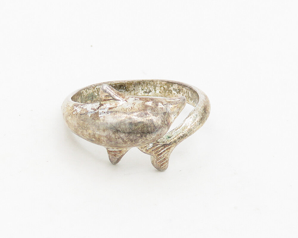 925 Sterling Silver  Vintage Shiny Dolphin Bypass Band Ring Sz 9.5  RG18625