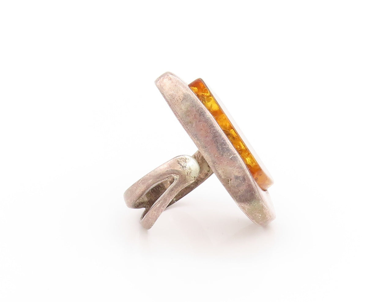 925 Sterling Silver Vintage Ring POLAND Designer Honey Amber  Sz 10  RG32780