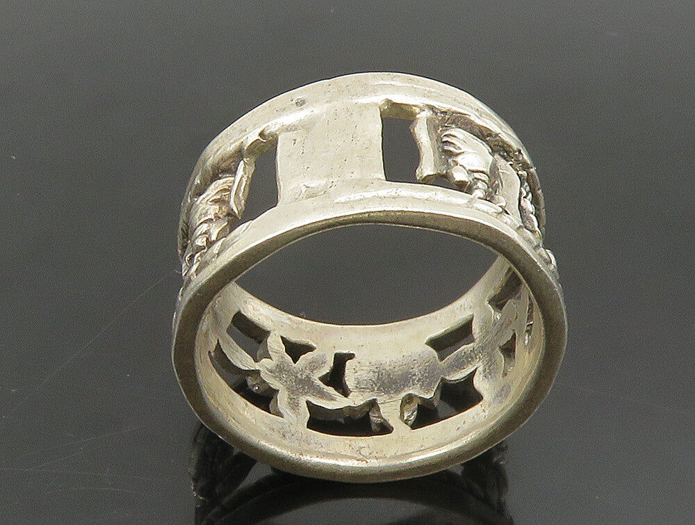 925 Silver  Vintage Flowers & Elephant Cut Out Band Ring Sz 6.5  RG24370