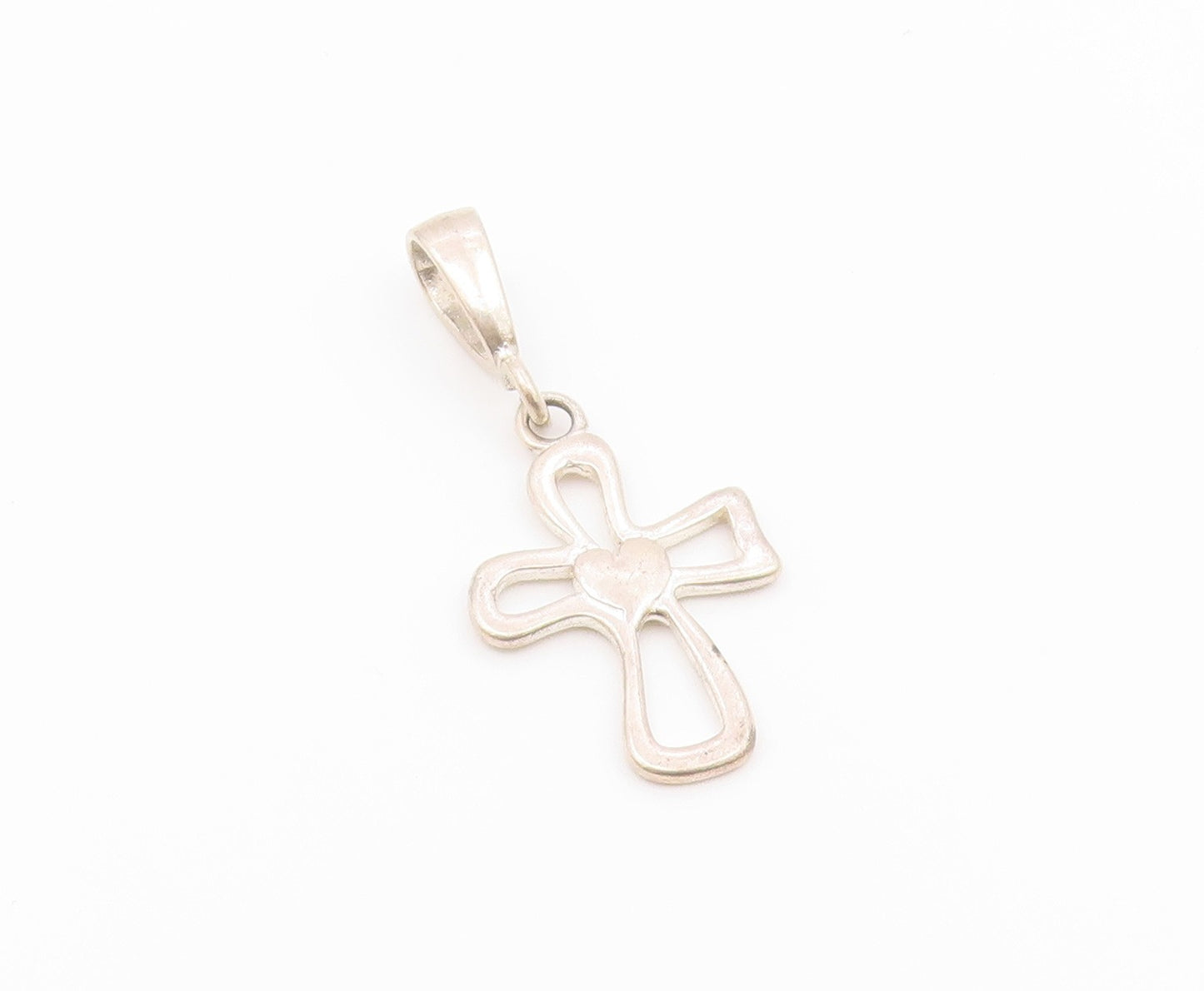 925 Silver   Vintage Open Religious Cross With Love Heart Pendant  PT20553