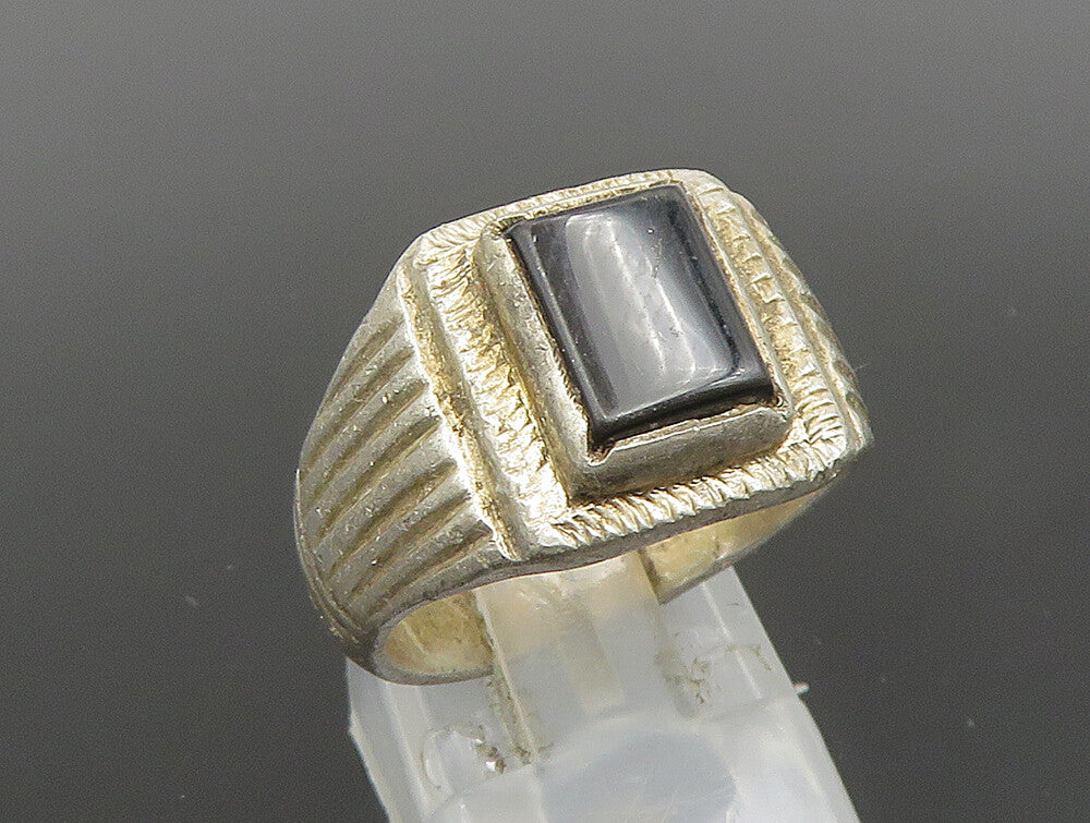 925 Silver  Vintage Rectangular Black Onyx Scalloped Band Ring Sz 8  RG24650