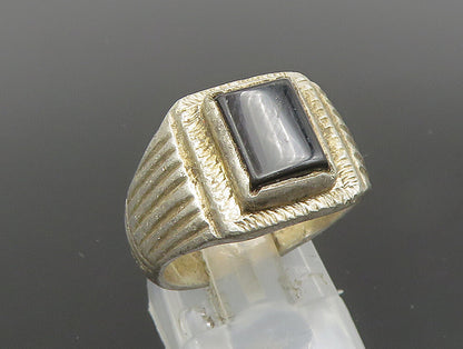 925 Silver  Vintage Rectangular Black Onyx Scalloped Band Ring Sz 8  RG24650