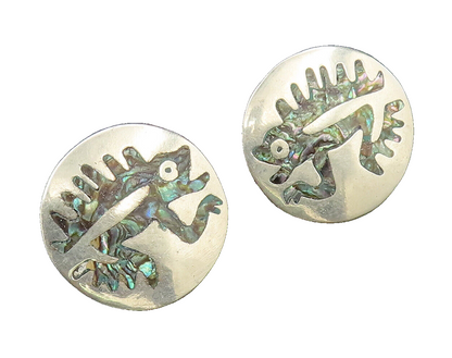 MEXICO 925 Silver  Vintage Inlaid Abalone Reptile Screw Back Earrings  EG12144