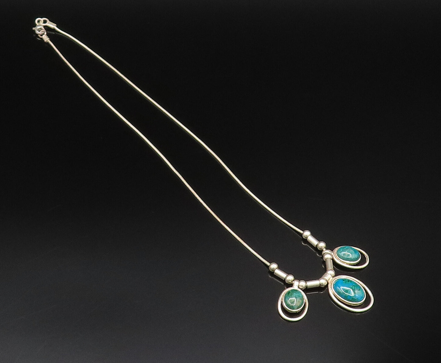 925 Silver  Vintage Three Stone Oval Chrysocolla & Beads Rope Necklace  NE3952