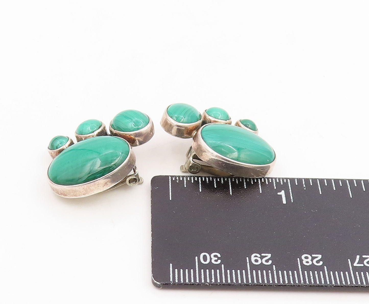925 Sterling Silver Vintage Earrings Cabochon Malachite Elegant Clip On  EG14103