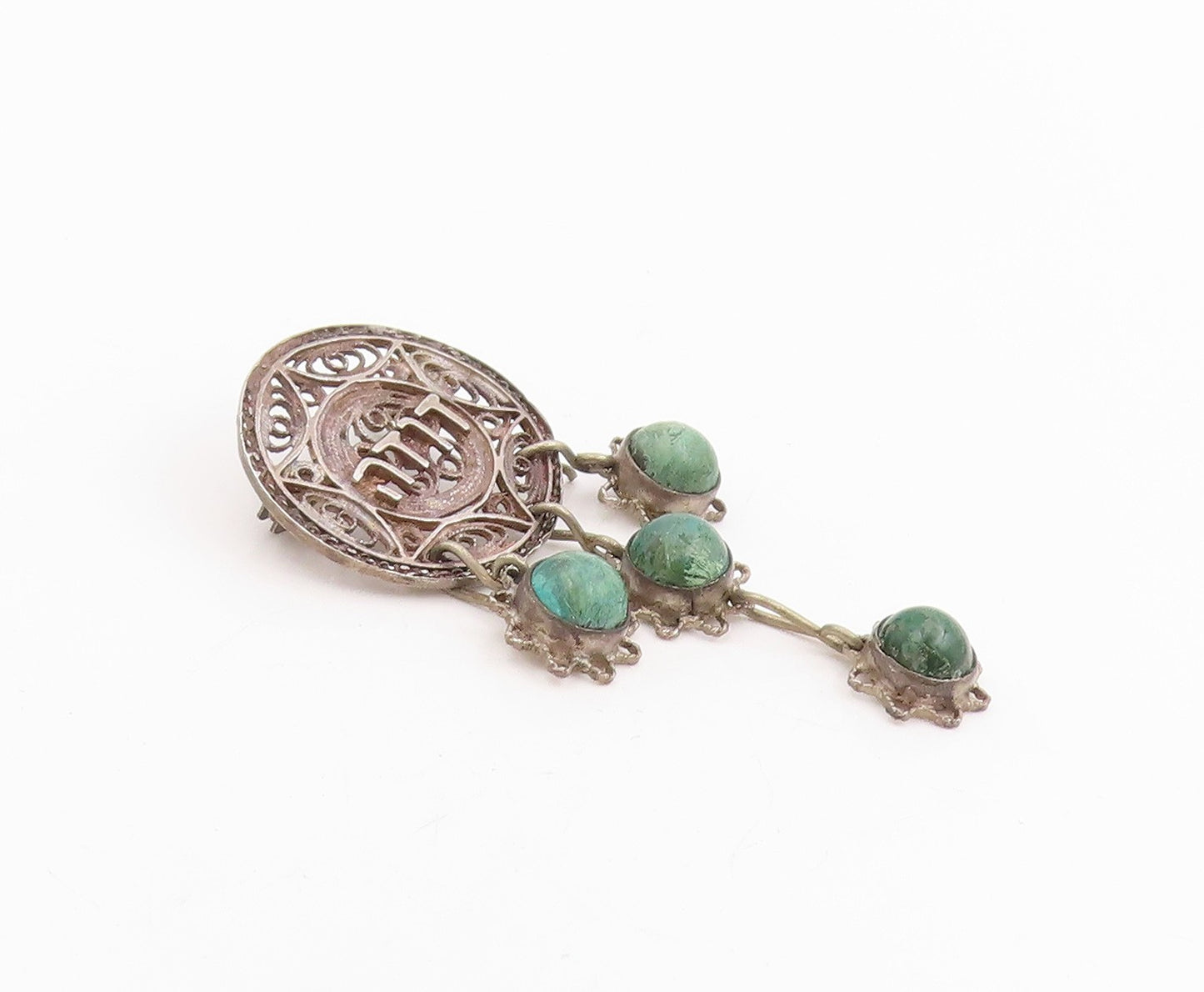 925 Sterling Silver Vintage Brooch Cabochon Turquoise Bohemian Dangling  BP12033