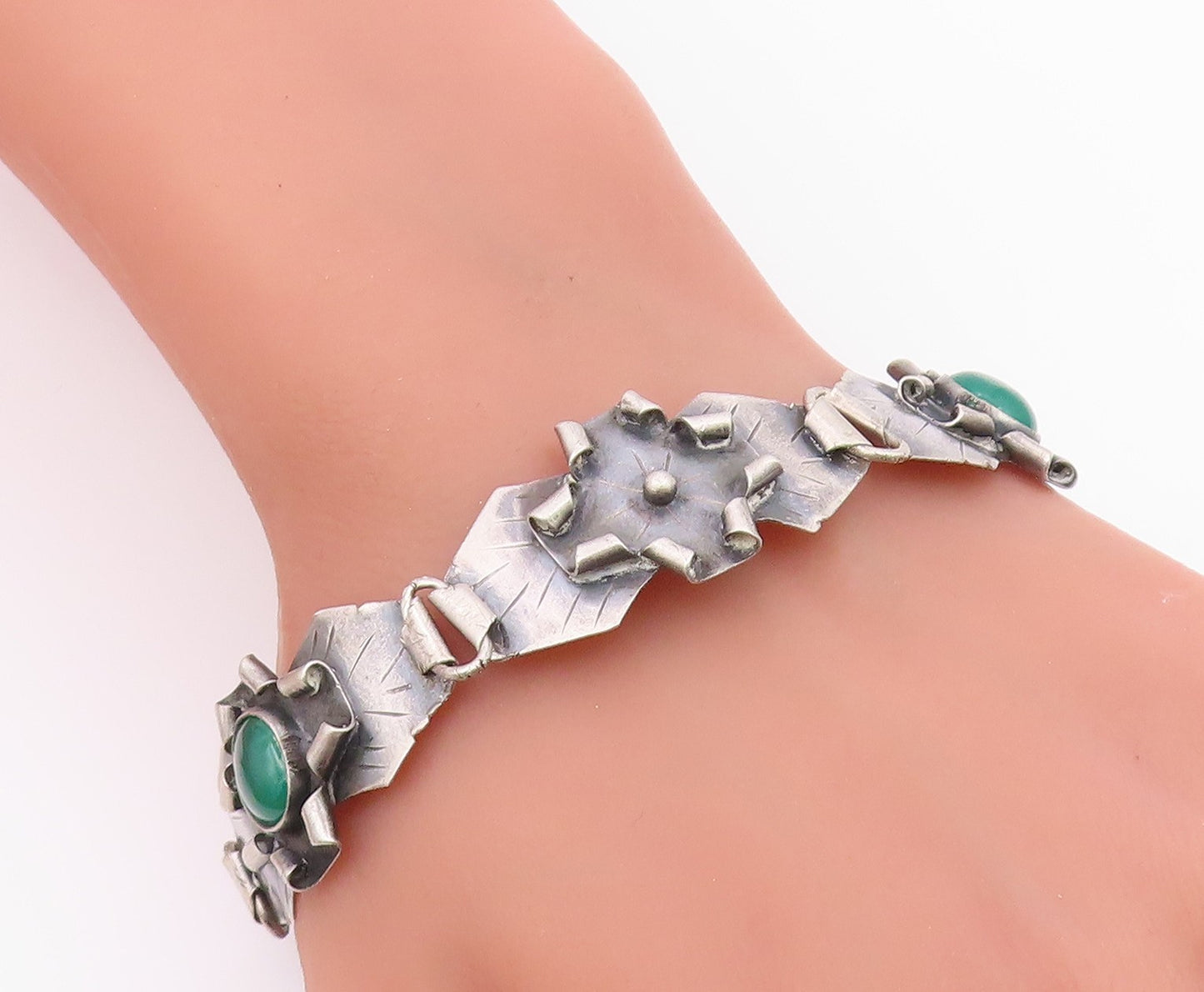 EUROPEAN 925 Silver  Vintage Green Carnelian Modernist Chain Bracelet  BT8068