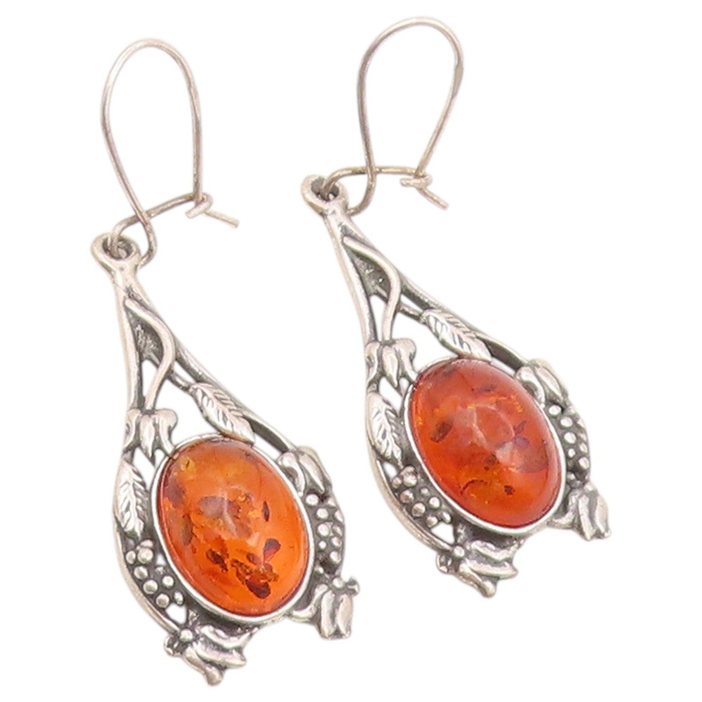 925 Sterling Silver Vintage Earrings Cabochon Amber Floral Motif Dangle  EG14512