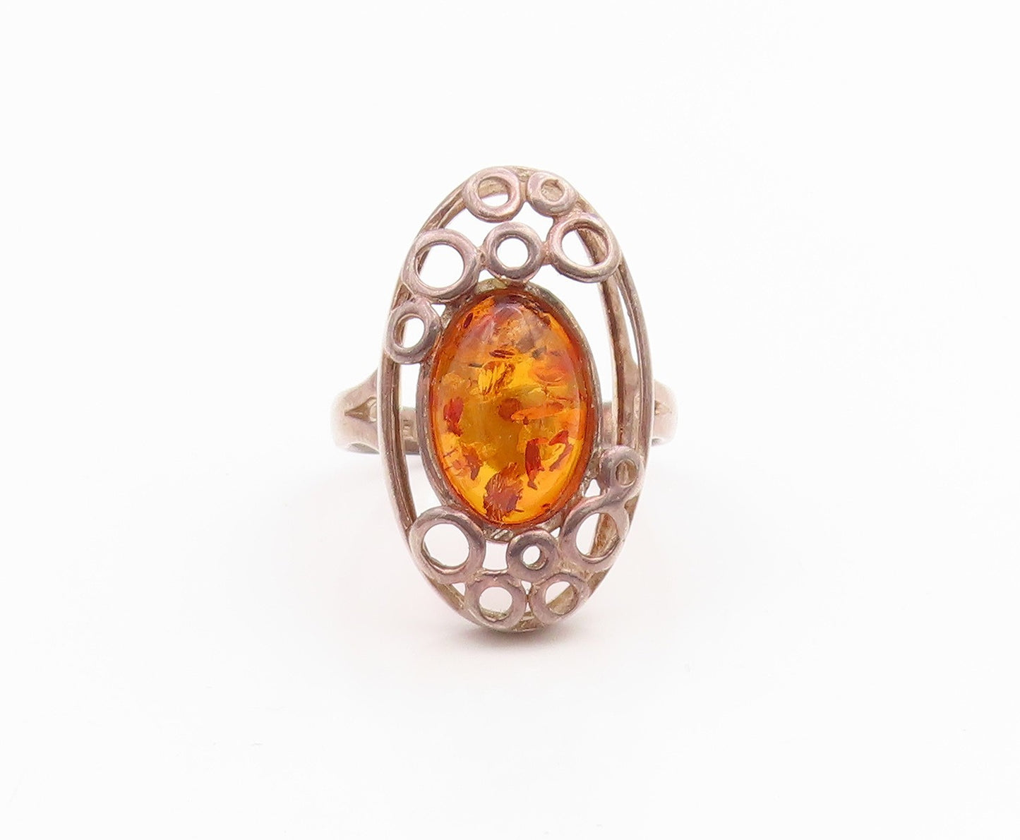 925 Sterling Silver Vintage Ring Cabochon Amber Circles Cutout Band Sz 7 RG35726