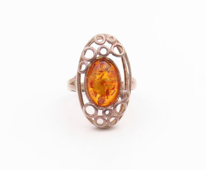 925 Sterling Silver Vintage Ring Cabochon Amber Circles Cutout Band Sz 7 RG35726