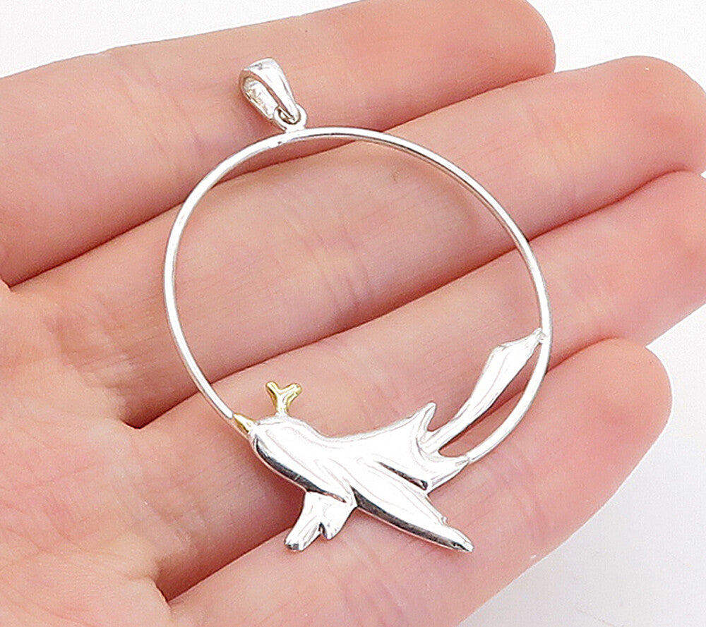 925 Sterling Silver  Shiny Two Tone Flying Bird Open Circle Pendant  PT3588