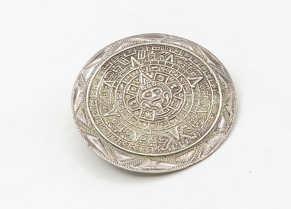 925 Sterling Silver  Vintage Mayan Aztec Sun Calendar Shiny Brooch Pin  BP8386