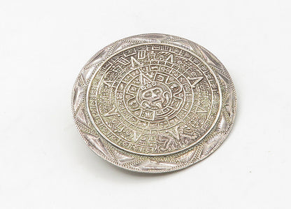 925 Sterling Silver  Vintage Mayan Aztec Sun Calendar Shiny Brooch Pin  BP8386
