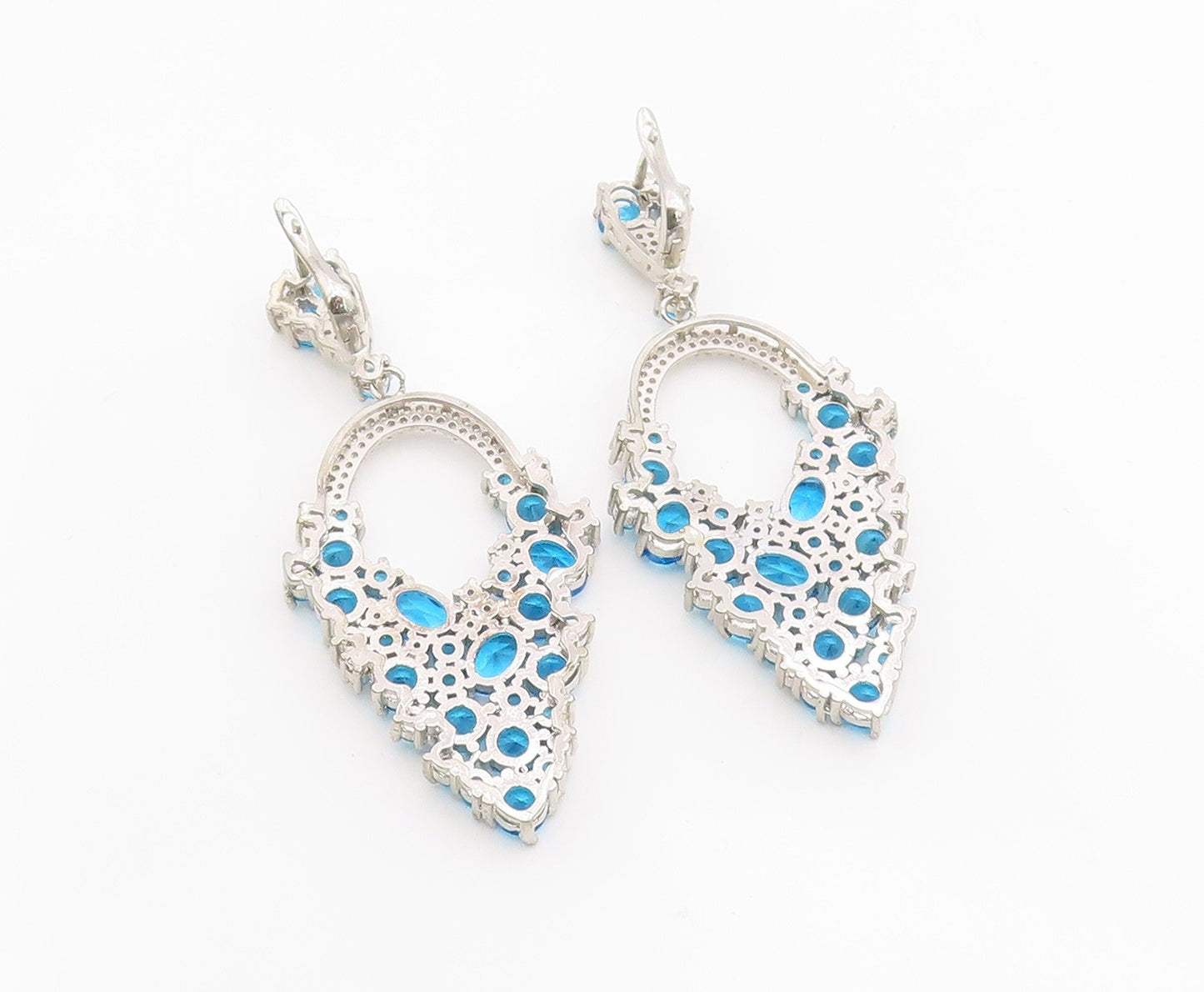925 Sterling Silver Vintage Earrings Blue Topaz & CZ Cluster Clip On  EG13855