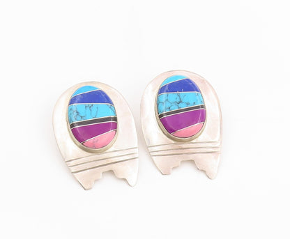 925 Sterling Silver Vintage Earrings MEXICO Multi Gemstone Inlay Design  EG13723