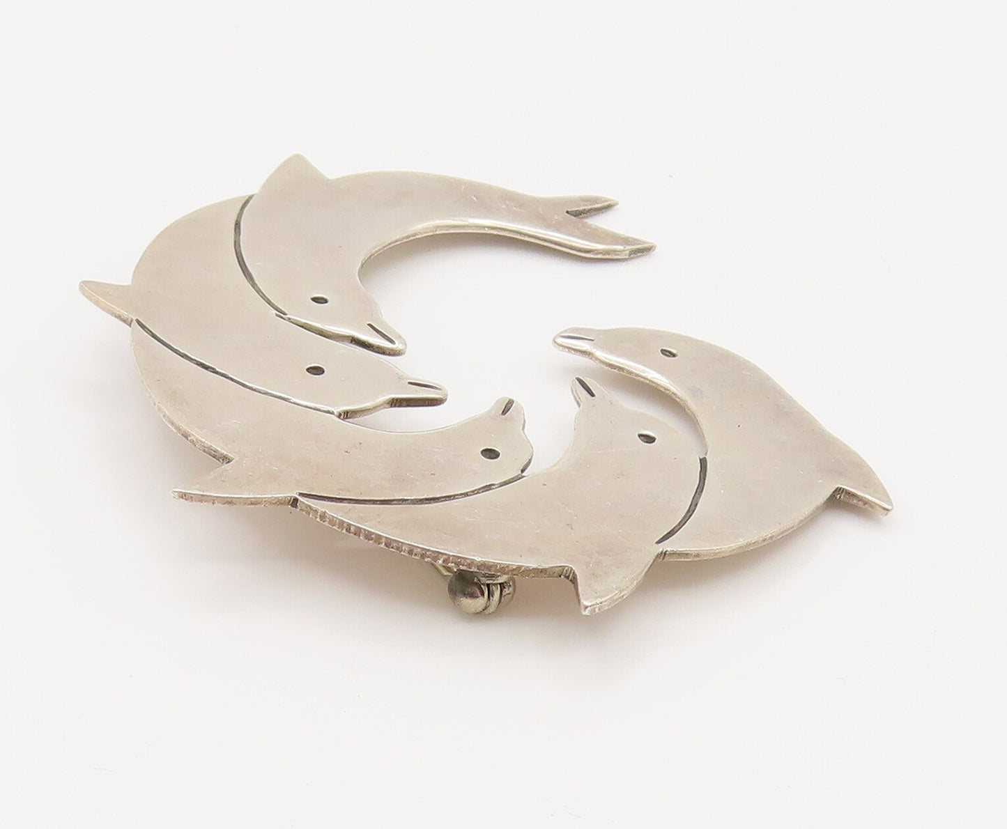 MEXICO 925 Silver  Vintage Minimalist Dolphin Family Brooch Pin  BP10137