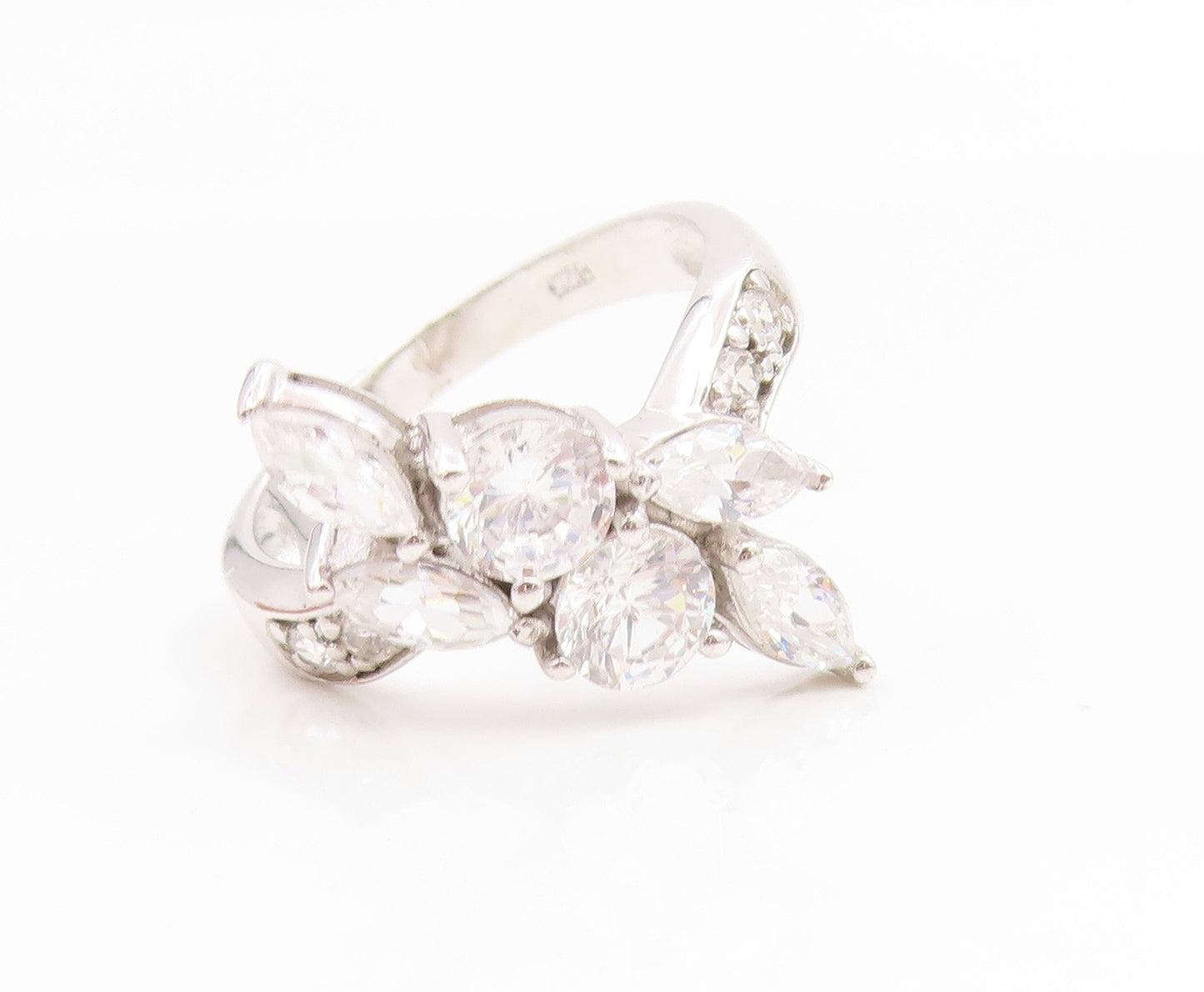 925 Sterling Silver Vintage Ring CZ Elegant Floral Statement Band Sz 7.5 RG35225