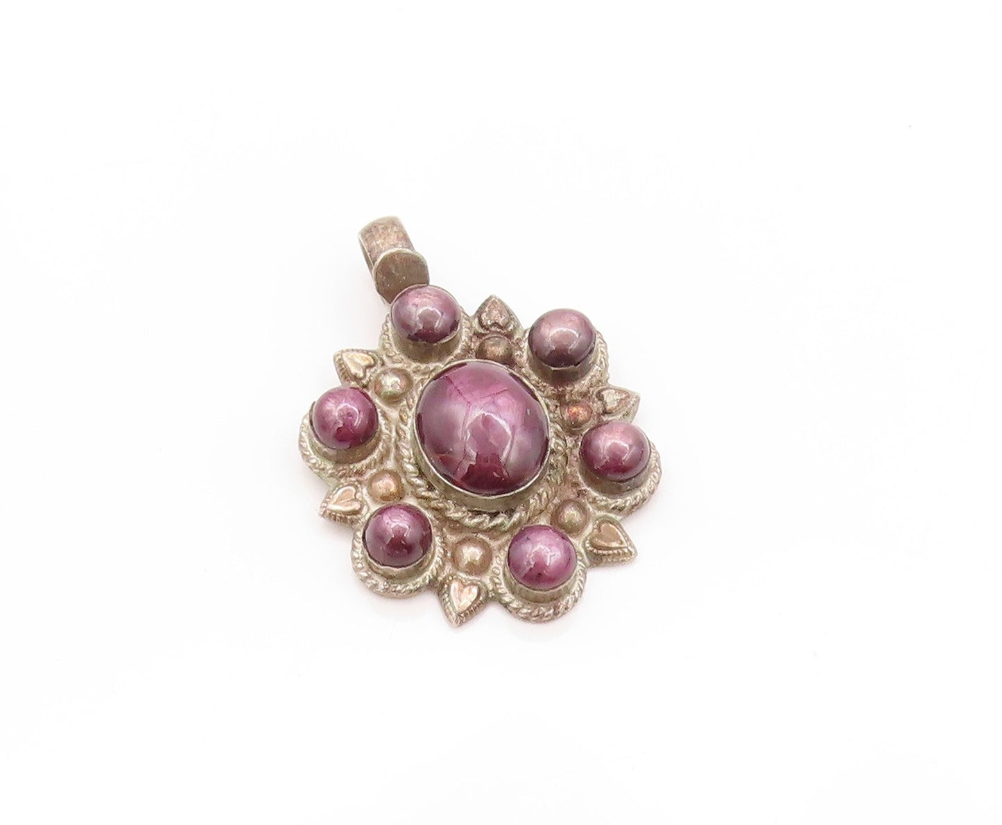925 Sterling Silver Vintage Pendant Cabochon Purple Cat's Eye Flower  PT24202