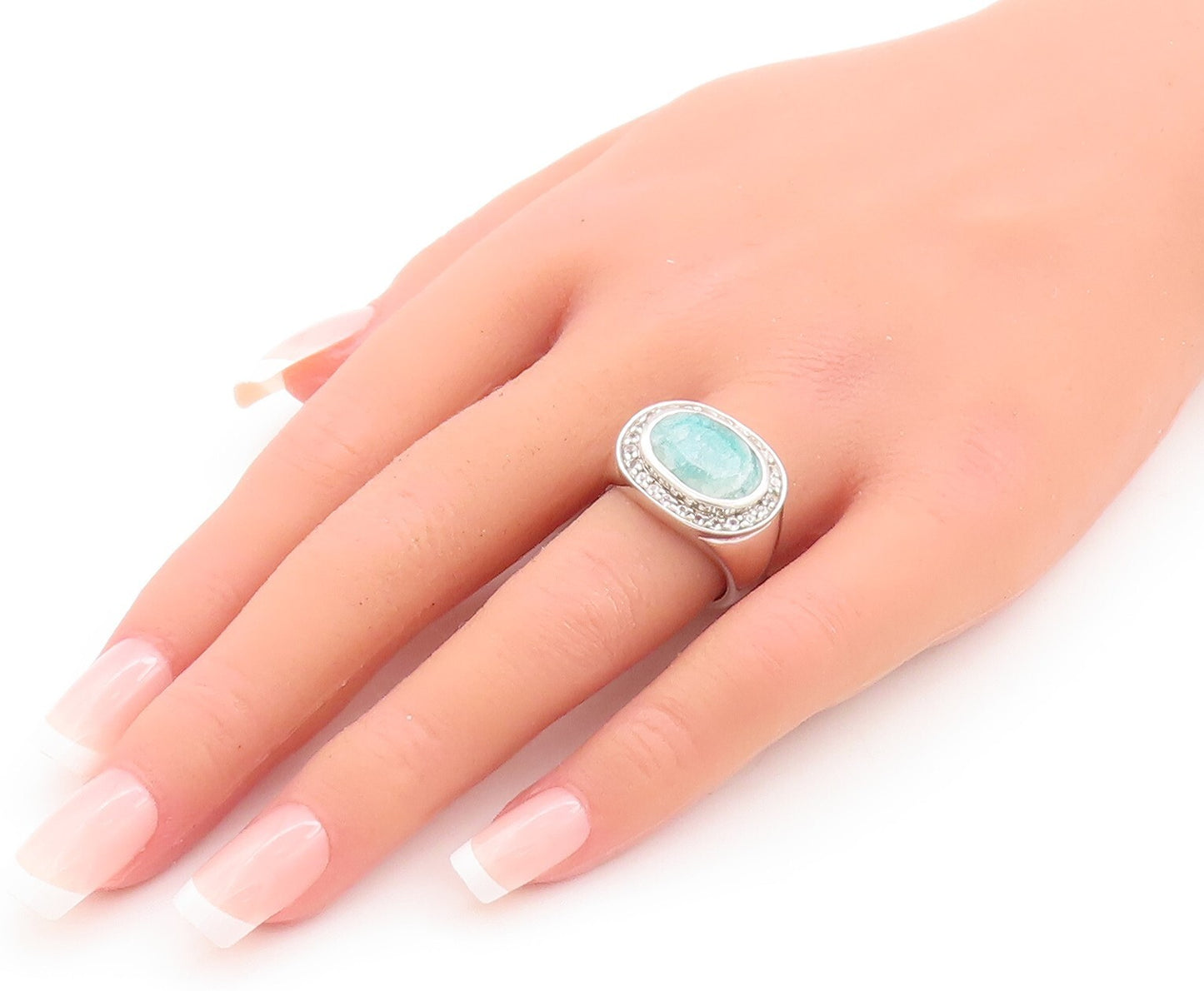 925 Sterling Silver Vintage Ring Oval Cut Green Gemstone CZ Frame  Sz 7  RG29702