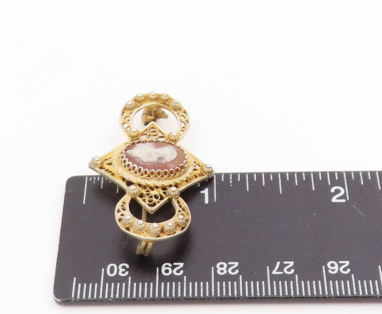 925 Sterling Silver Vintage Brooch Pin Gold Plated Carved Cameo Filigree BP12413