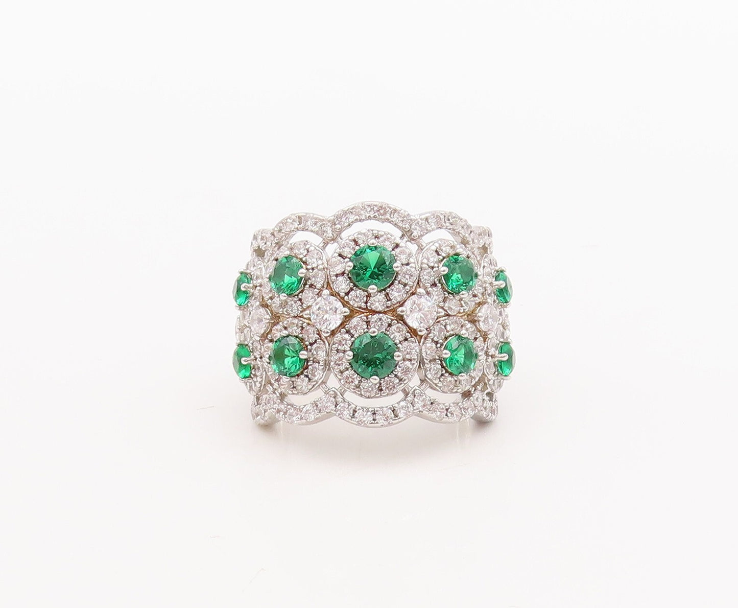 925 Sterling Silver Vintage Ring Round Cut Green Halo White CZ  Sz 7.5 RG29516