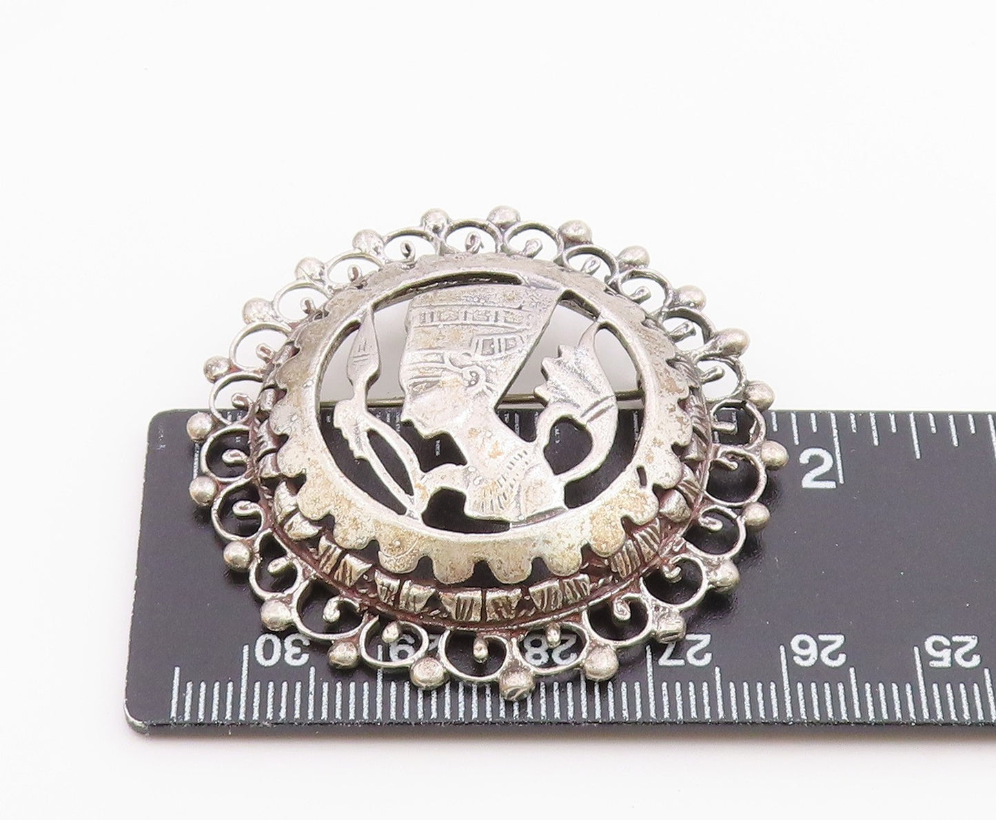 925 Silver  Vintage Beaded Border Openwork Nefertiti Head Brooch Pin  BP9833