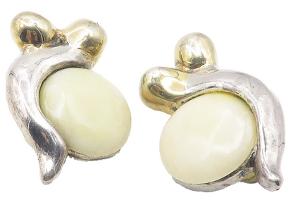 925 Sterling Silver  Vintage Agate Modernist 2 Tone Non Pierce Earrings EG6015