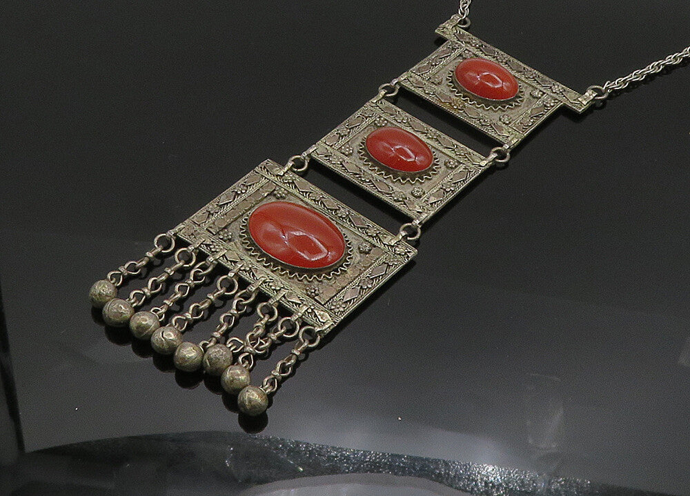 ISRAEL 925 Sterling Silver  Vintage Cabochon Carnelian Chain Necklace  NE3334